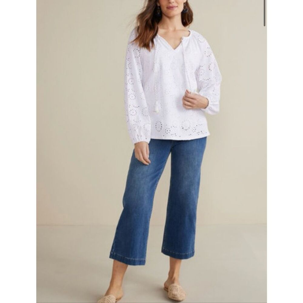 Soft Surroundings $89 Rhiannon Eyelet Peasant Top White PXL NWOT - Picture 6 of 8